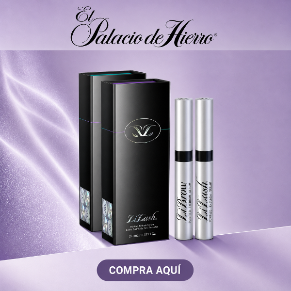 El Palacio de Hierro Lelash brow treatment set, featuring two black outer boxes and two silver applicator tubes with black bands, set against a purple satin background with the brand logo at the top and a purple 'COMPRA AQUÍ' banner at the bottom.