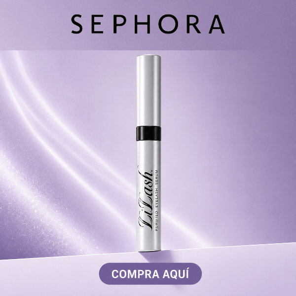 Sephora Lilash Eyelash Conditioner in a silver tube with a black band, set against a lavender purple background with 'SEPHORA' at the top and 'COMPRA AQUÍ' at the bottom.